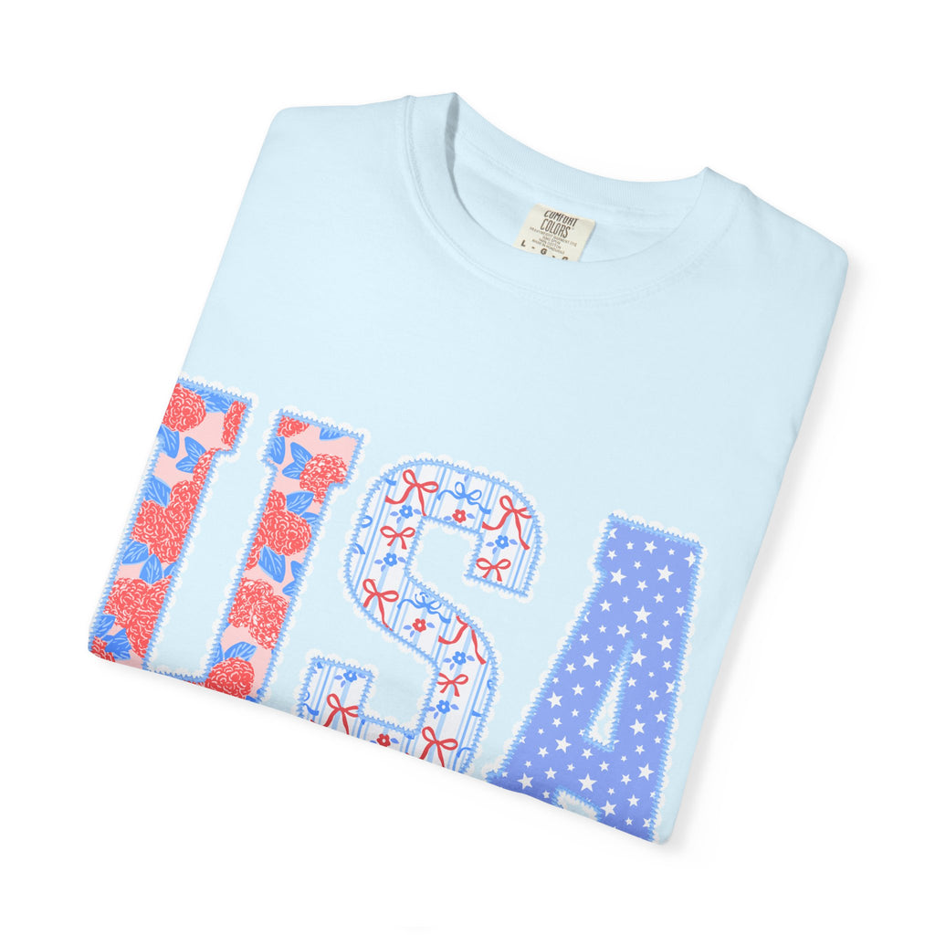 USA Graphic T-Shirt — Patriotic Red White & Blue Floral Stars Tee