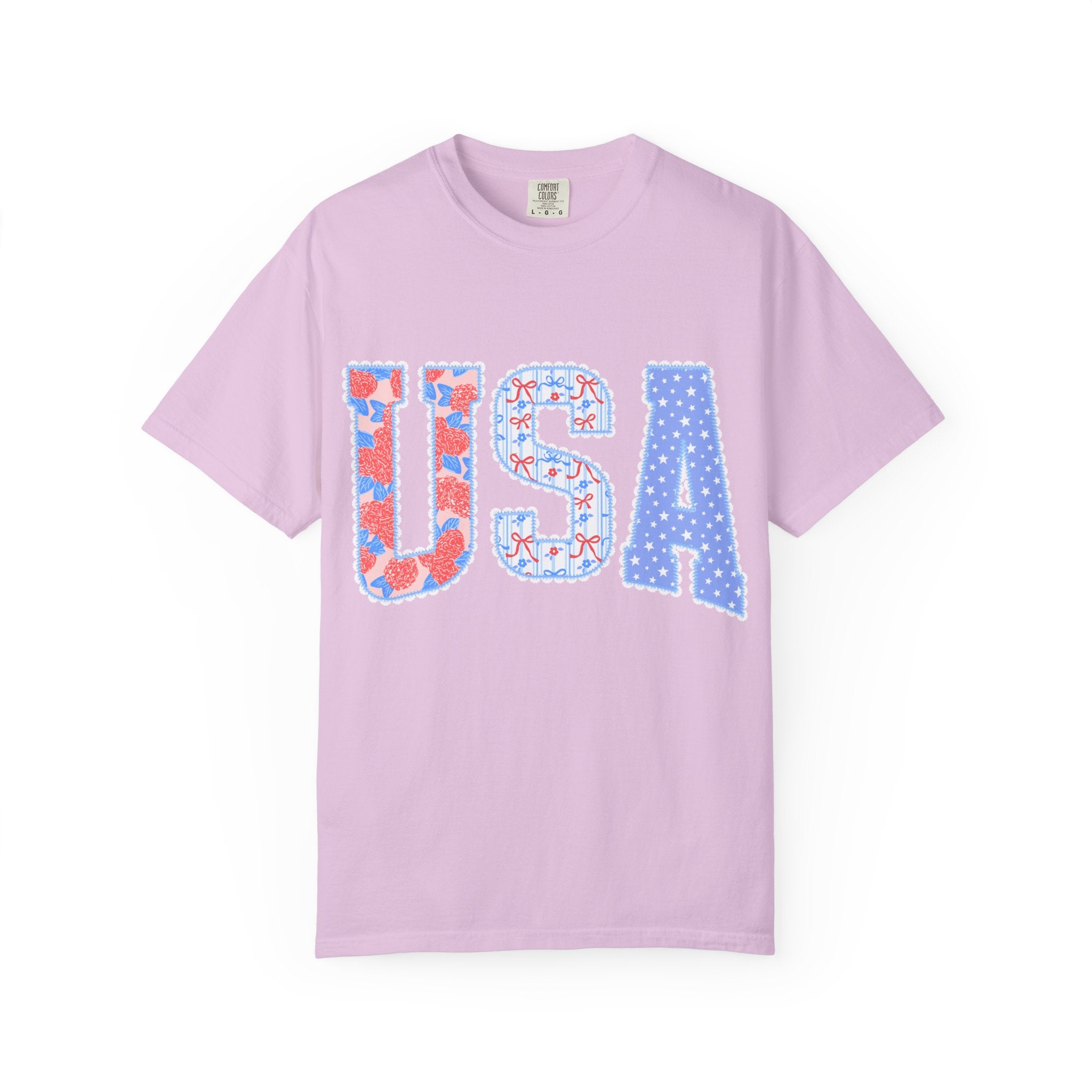 USA Graphic T-Shirt — Patriotic Red White & Blue Floral Stars Tee