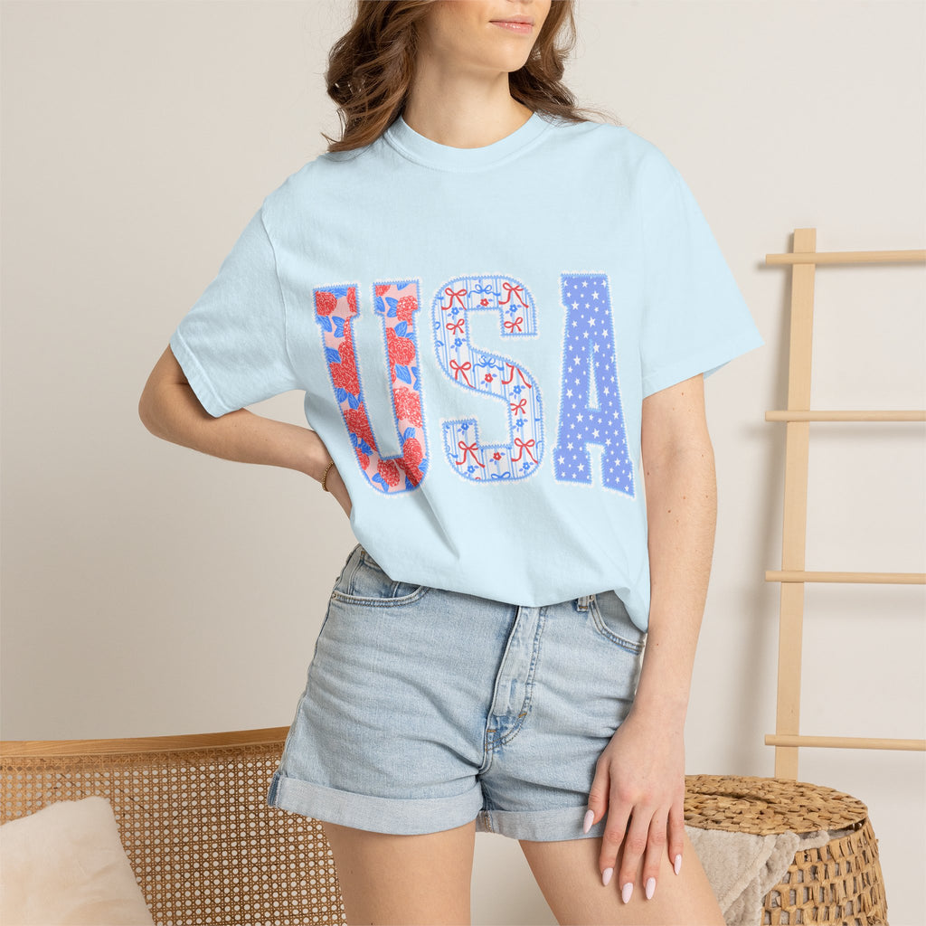 USA Graphic T-Shirt — Patriotic Red White & Blue Floral Stars Tee
