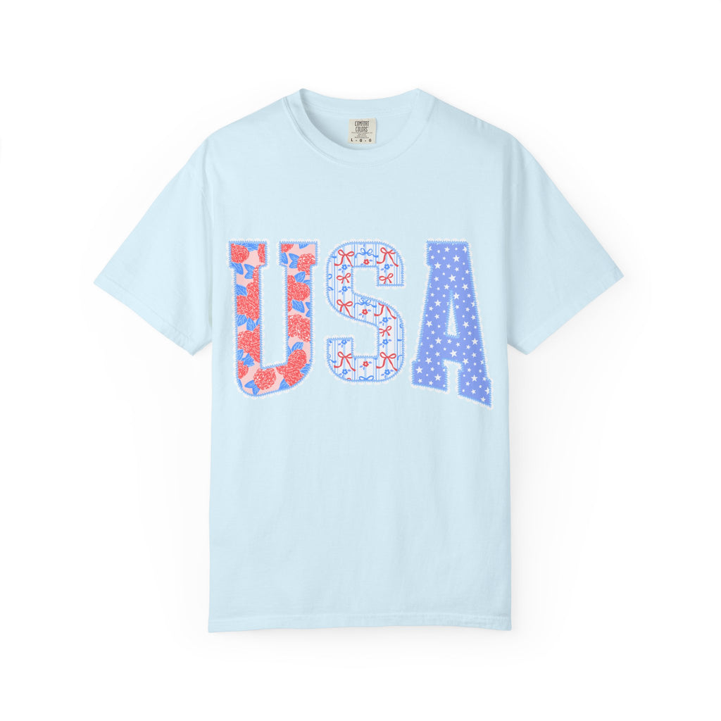 USA Graphic T-Shirt — Patriotic Red White & Blue Floral Stars Tee