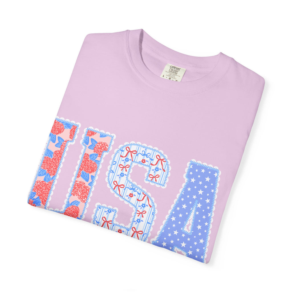 USA Graphic T-Shirt — Patriotic Red White & Blue Floral Stars Tee
