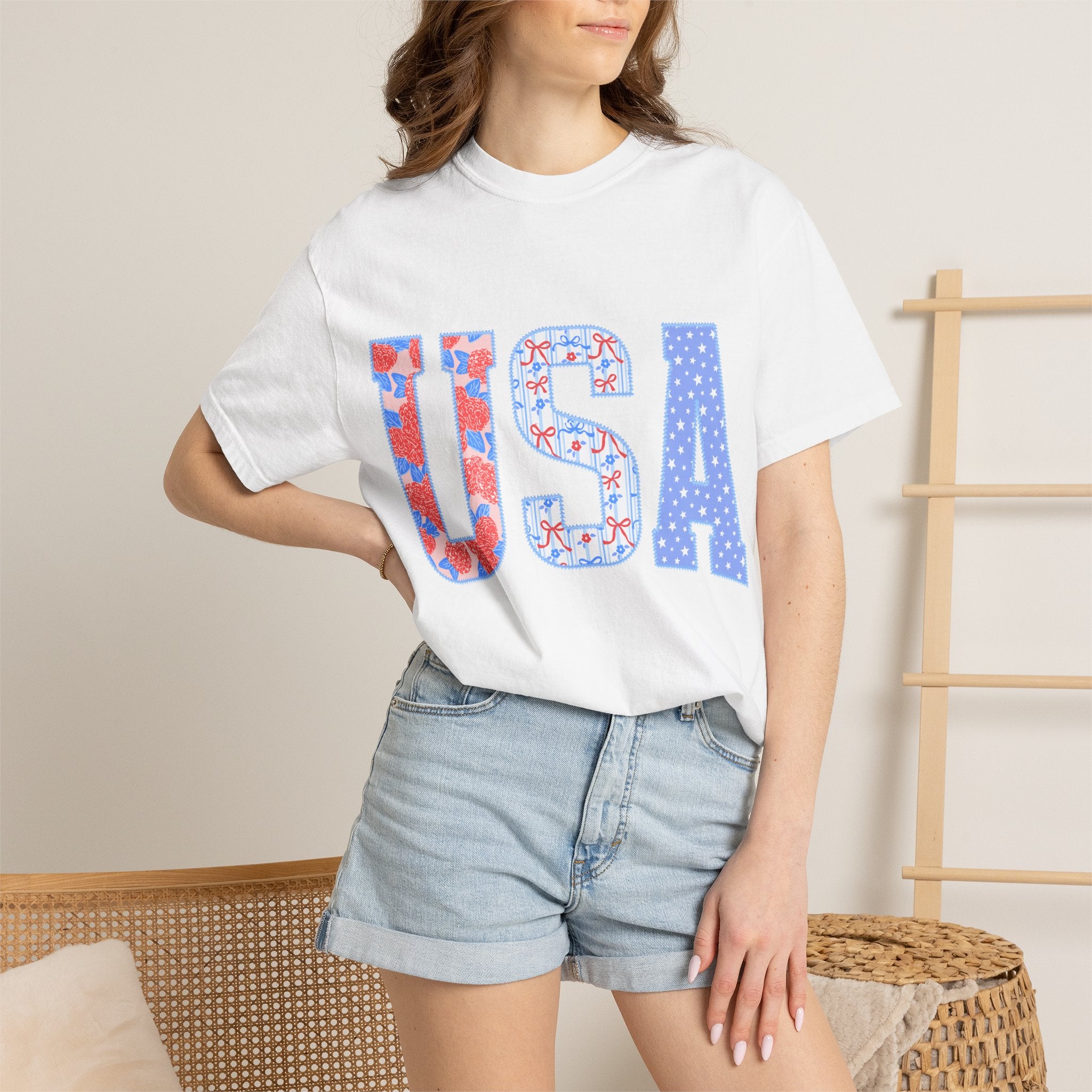 USA Graphic T-Shirt — Patriotic Red White & Blue Floral Stars Tee