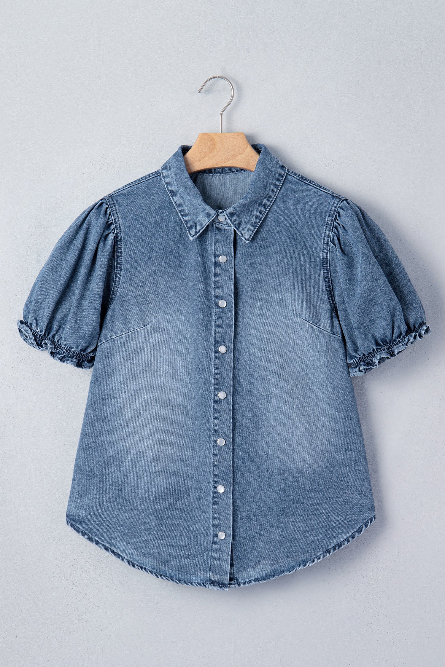 Denim Frilled Short Sleeve Snap Button Shirt