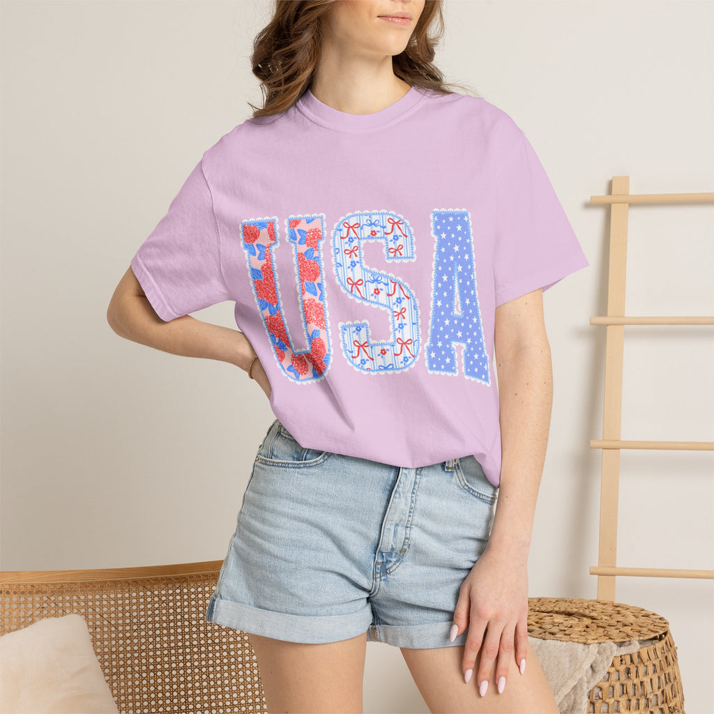 USA Graphic T-Shirt — Patriotic Red White & Blue Floral Stars Tee