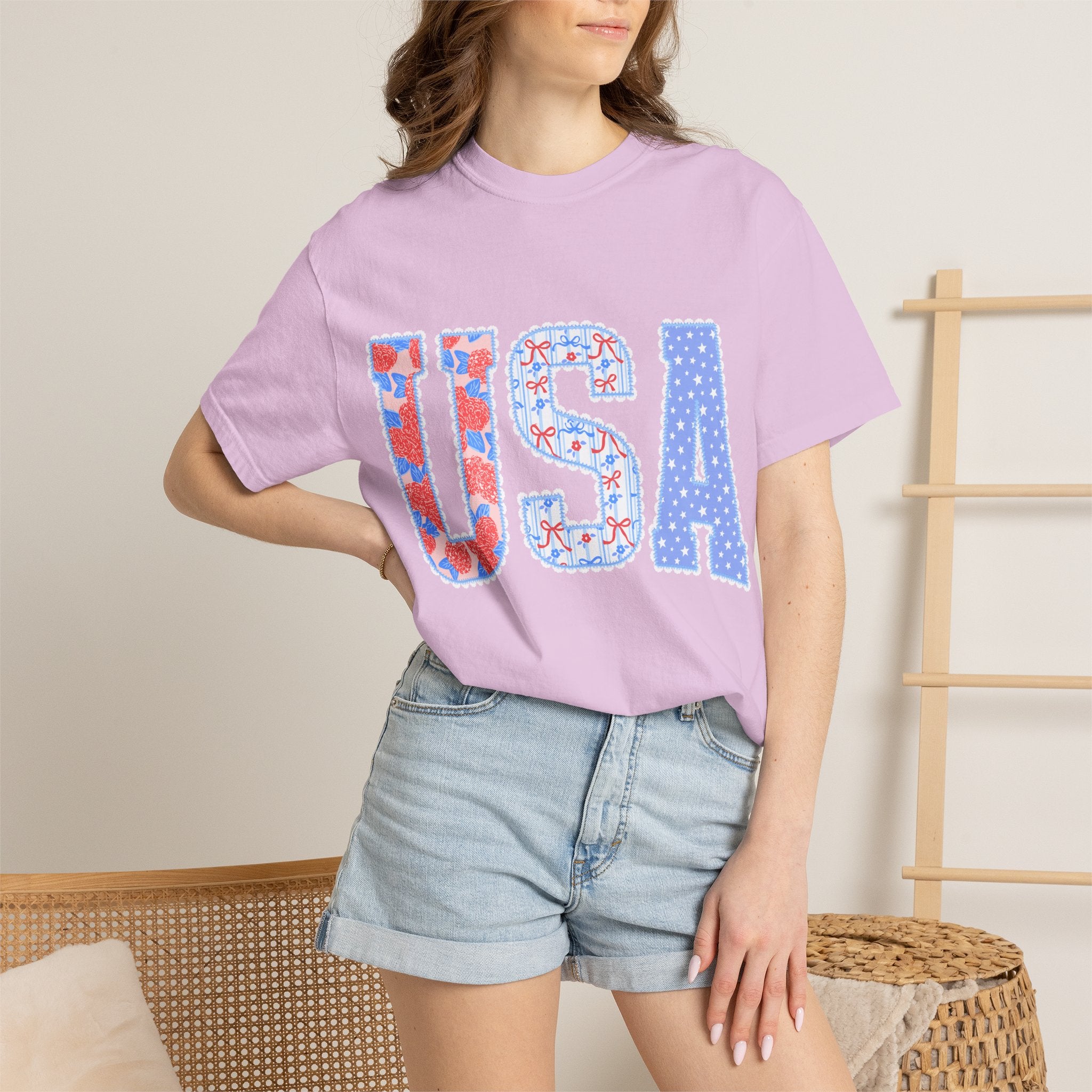 USA Graphic T-Shirt — Patriotic Red White & Blue Floral Stars Tee