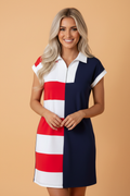 Americana Colorblock Stripe Zip Collar Mini Dress