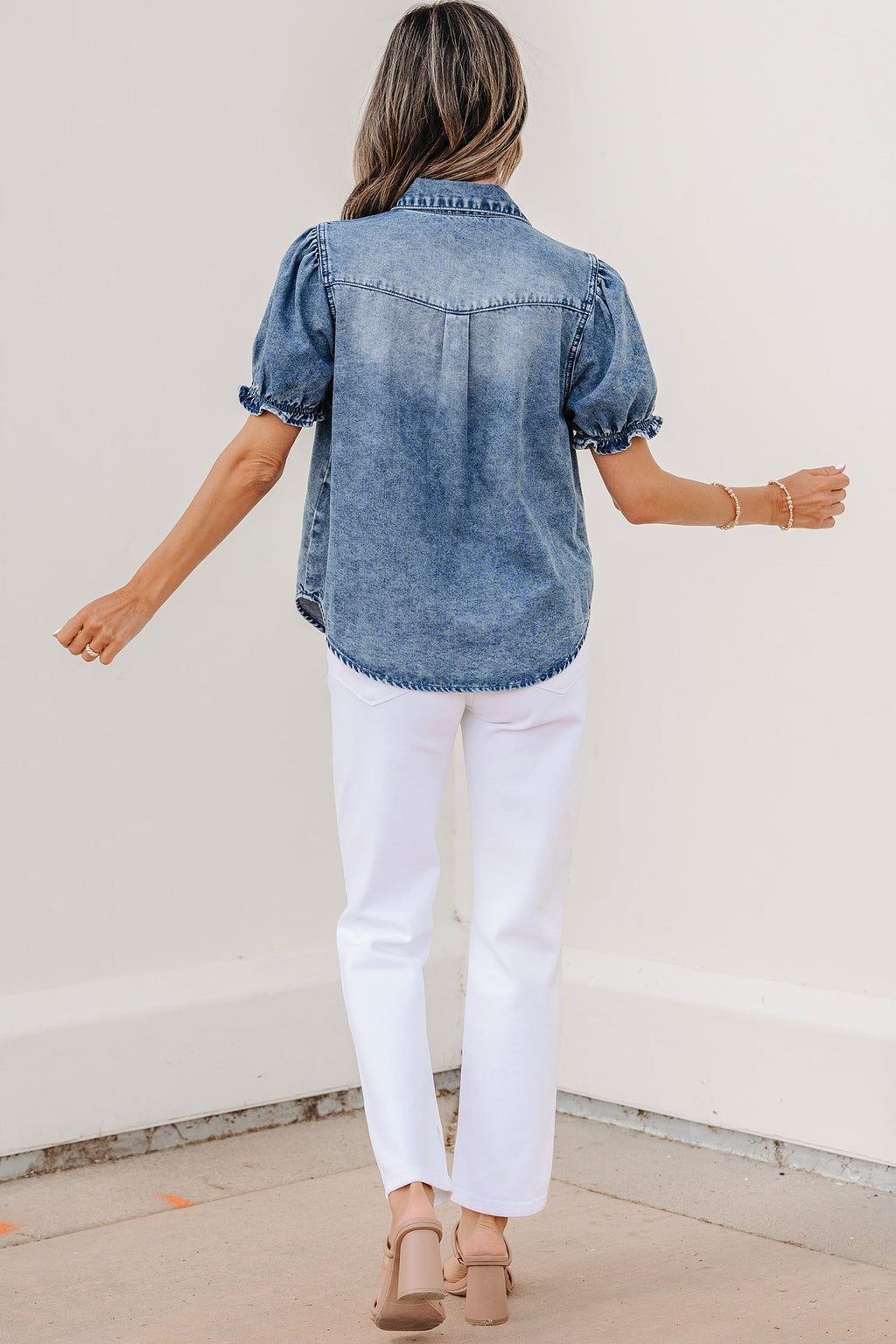 Denim Frilled Short Sleeve Snap Button Shirt